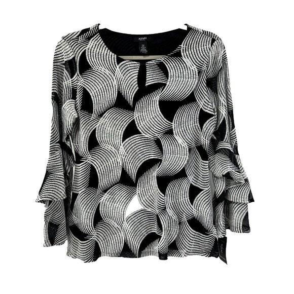 Alfani Blouse Women's Petite Med Black And White Pattern Long Bell Sleeve NWT - Picture 1 of 15